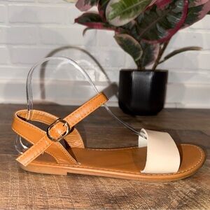 Women's Two-Tone Tan and Cream Flat Ankle Strap Sandals